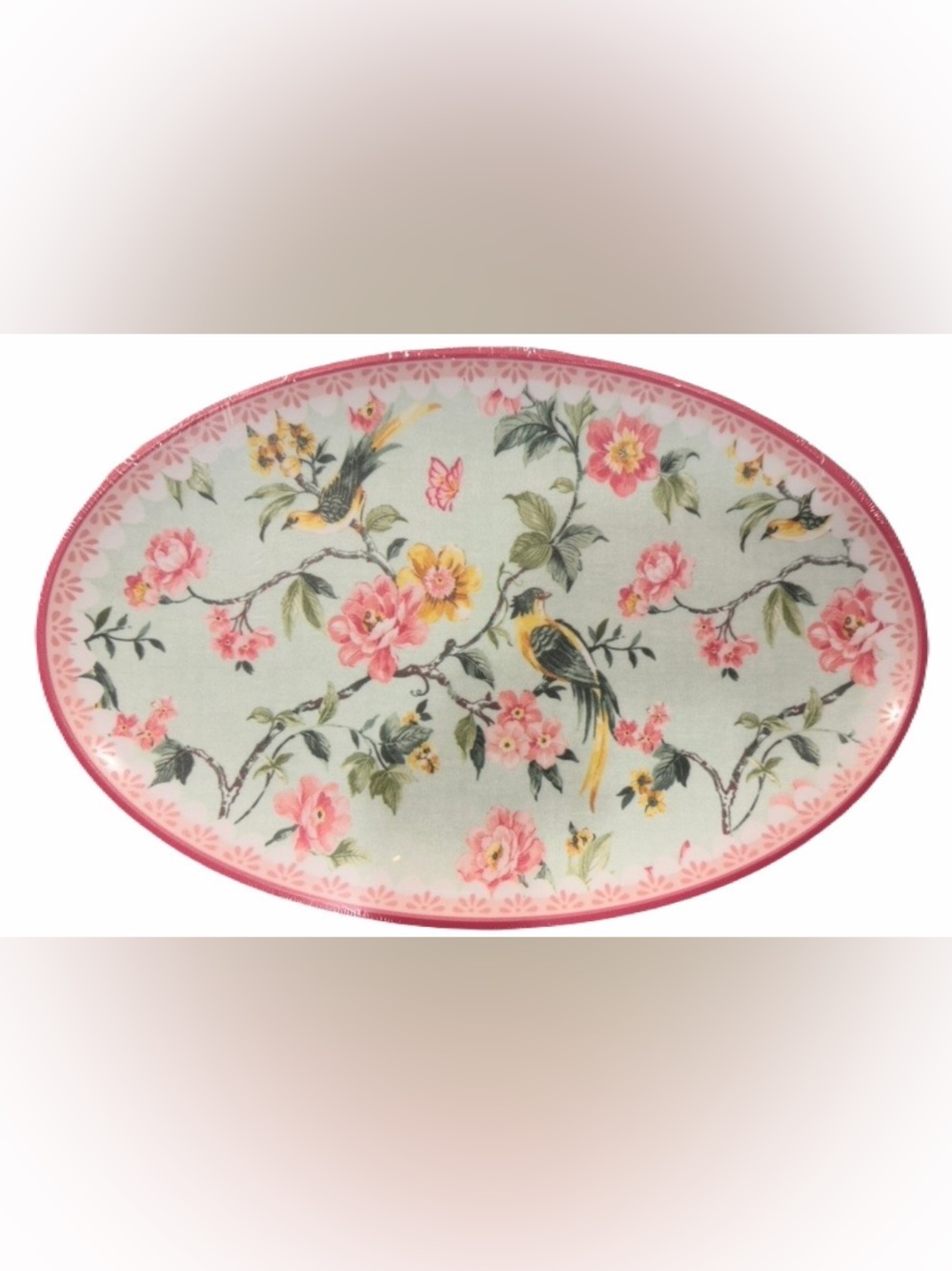 SHABBY CHIC NWT 2pc disposable bird/floral/butterfly serving platters -16”